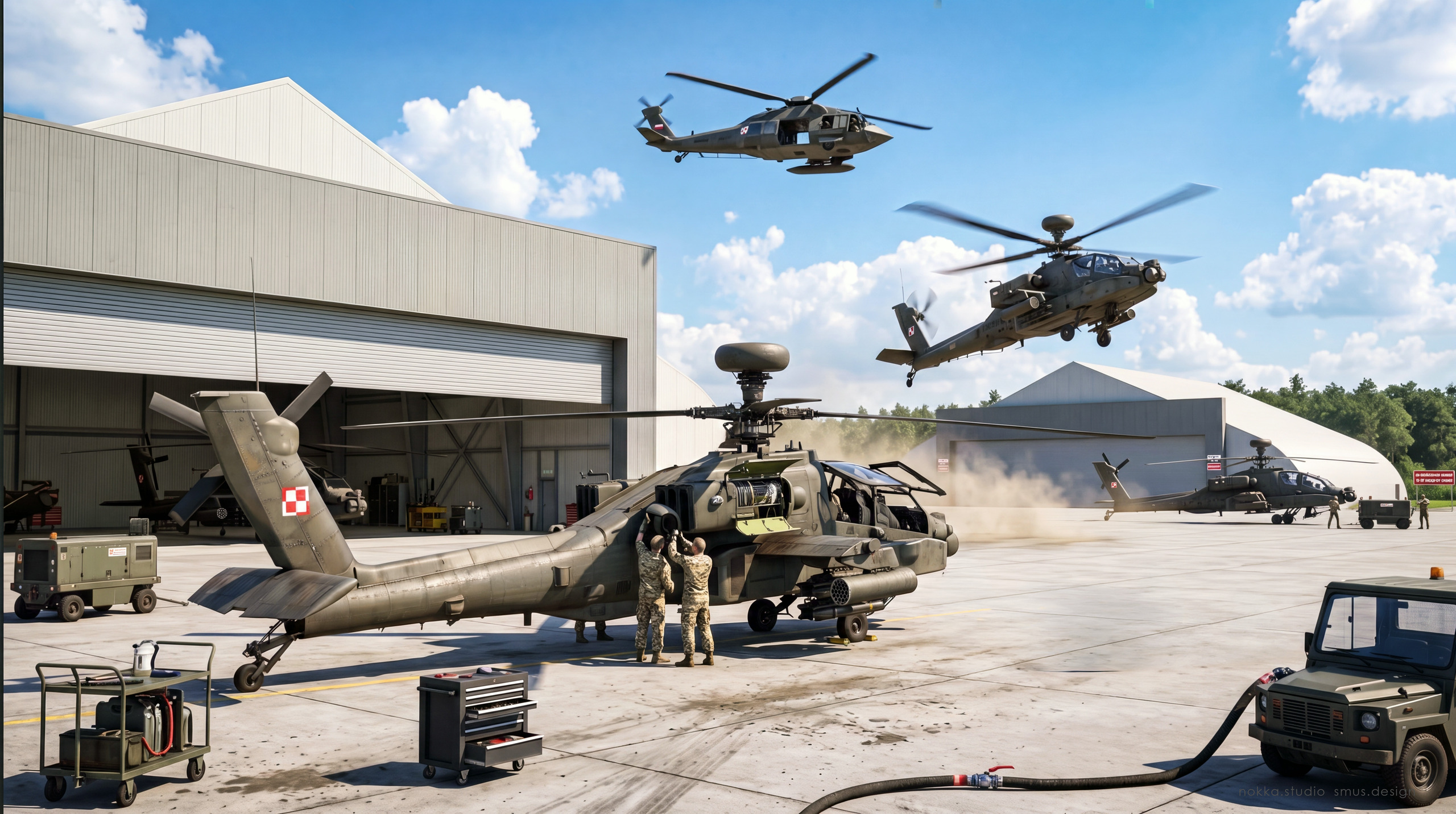 Wizualizacja bazy lotniczej z helikopterami — SMUS design