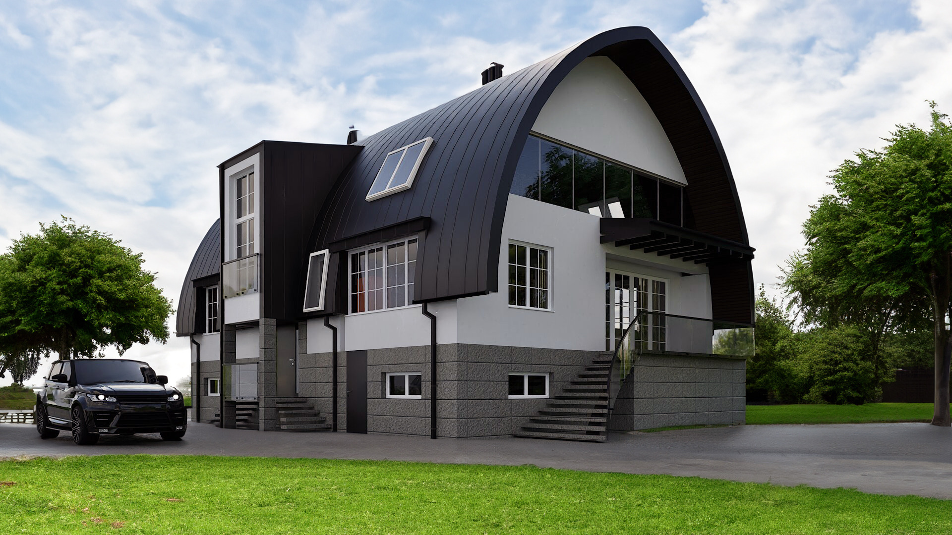 Wizualizacja domu z łukowym dachem — SMUS design